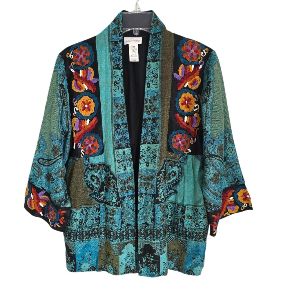 Soft Surroundings Teal Paisley Embroidered Open‎ Front Cardigan Jacket Womens M